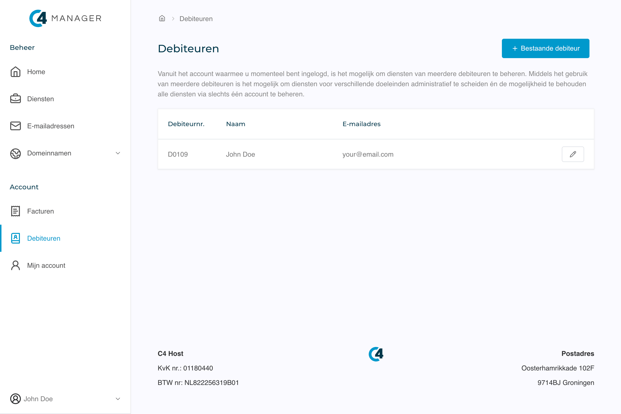 Screenshots van het bheren van debiteuren in het C4 Host klantenpaneel.
