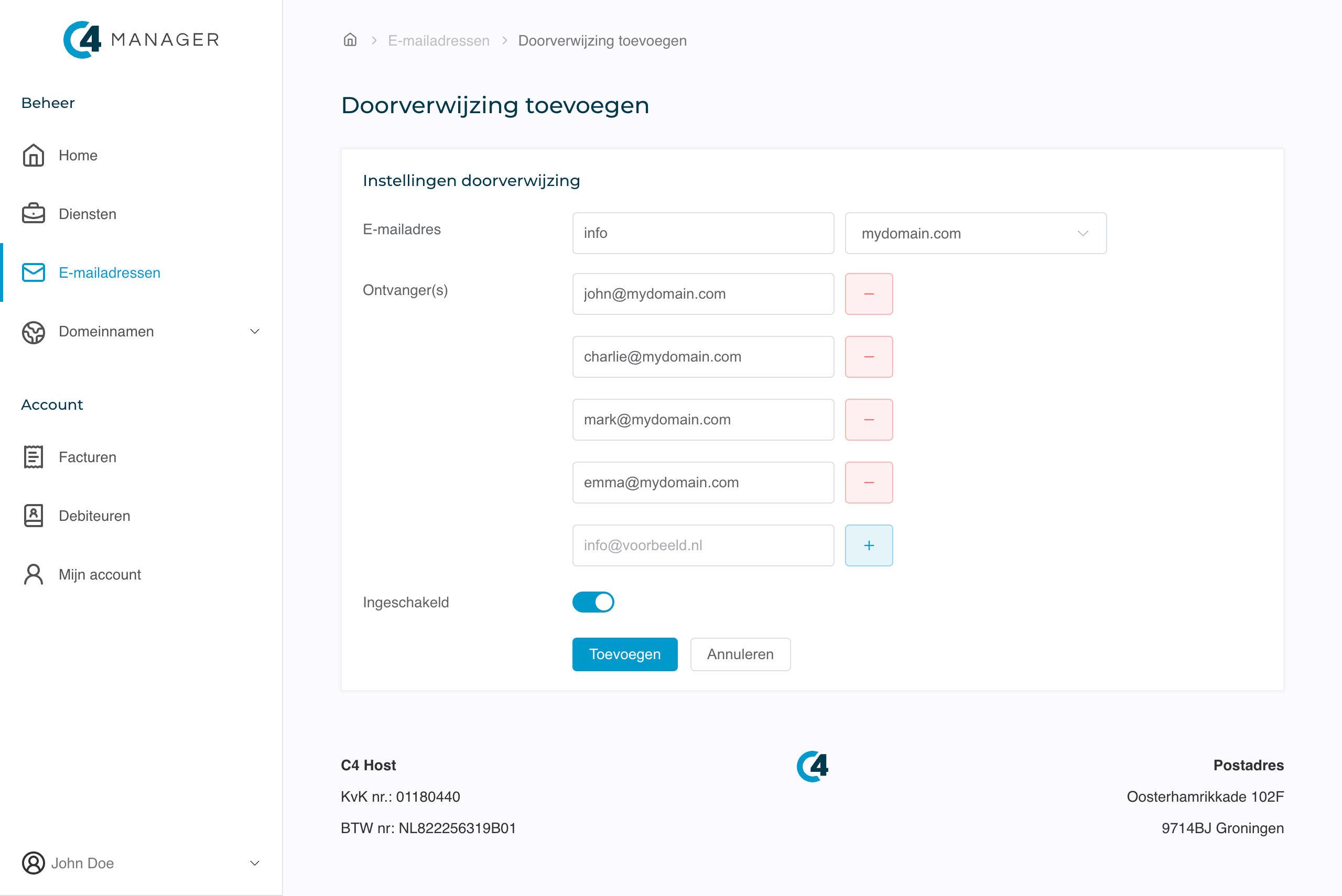 Screenshot van het aanmaken van een e-mail doorverwijzing het C4 Host klantenpaneel.