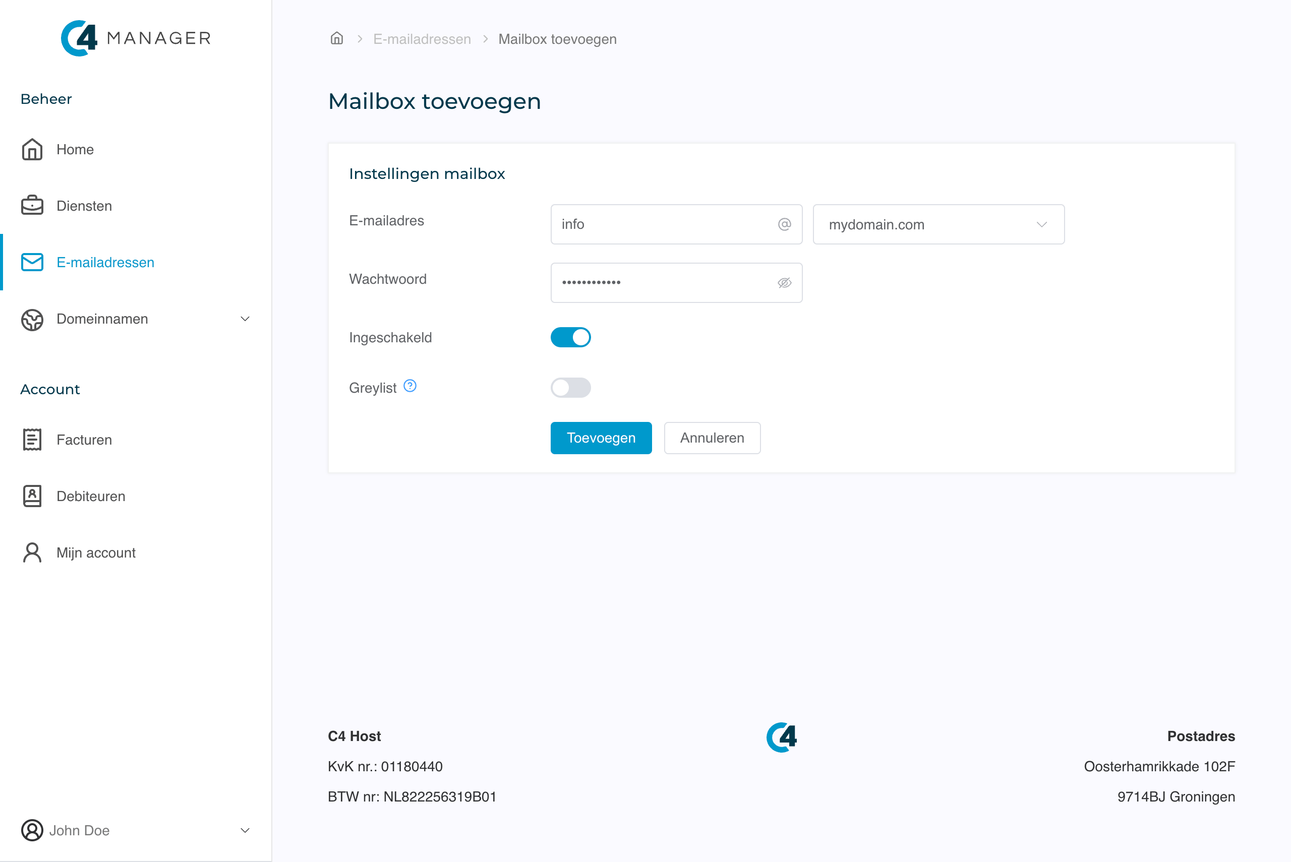 Screenshot van het aanmaken van een mailbox het C4 Host klantenpaneel.